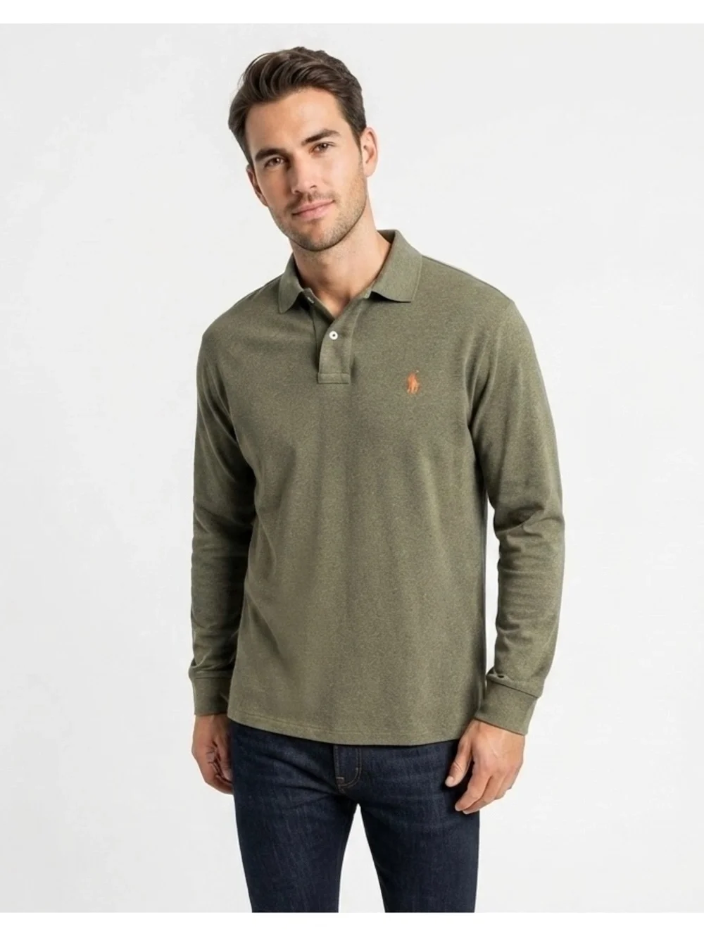 Polo Ralph Lauren Long Sleeve Olive Green Cotton Polo Shirt Size L